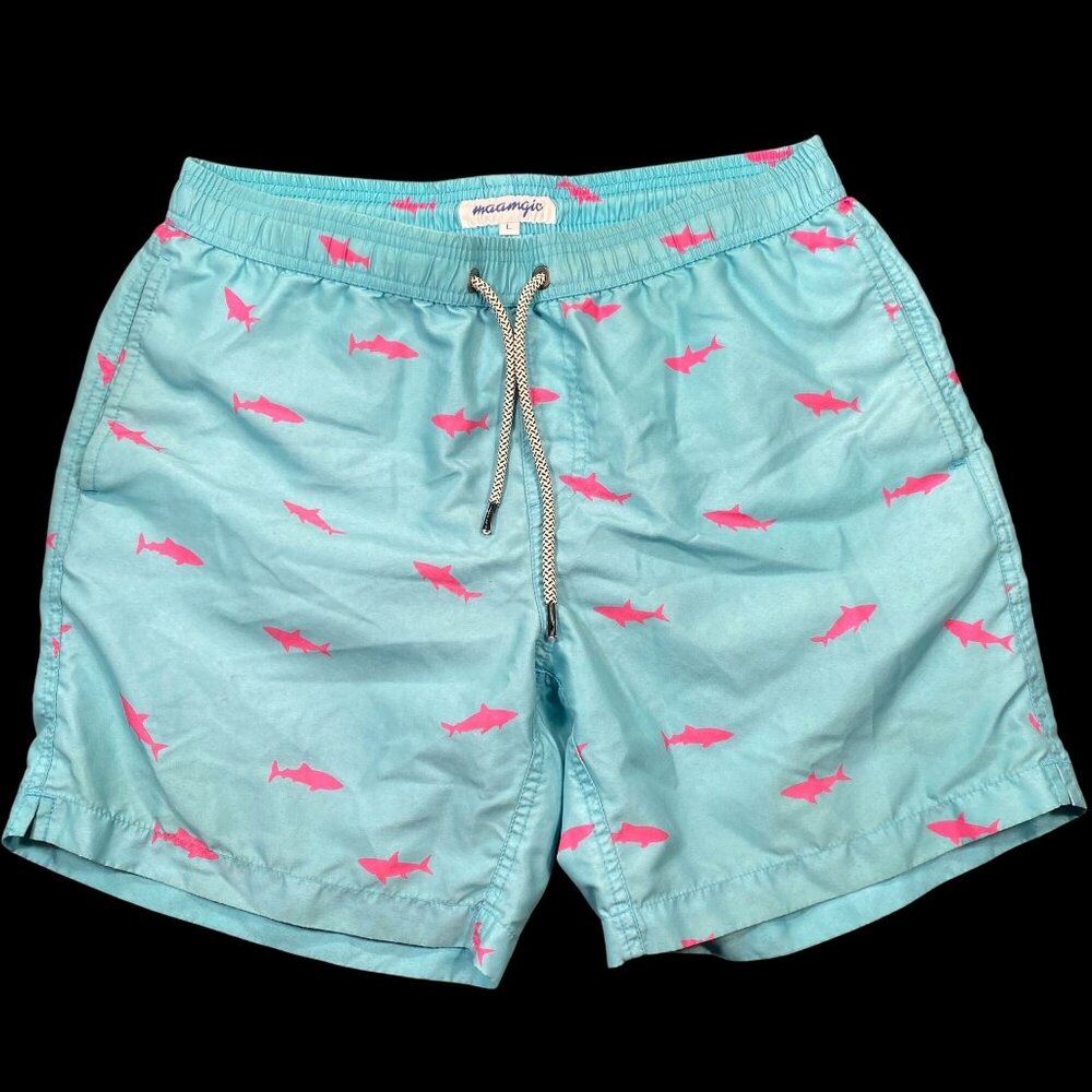 Maamgic Mens Swim Trunks Large Shark Print Blue & Pink Mesh Lining Drawstring